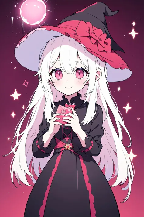 masterpiece,(best quality, high quality, highres:1.2), a woman in a witches hat and black dress with lights behind her and a pink background with a starburst, blurry, depth_of_field, facing_viewer, red_background, red_sky, smile, solo, bloodborne, a hologram, magical realism, (flat_color:1.1), (anime_coloring:1.1), (realistic_nose:-1),(megami magazine:1.1)