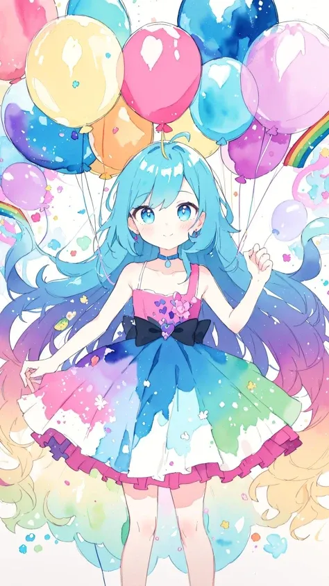 best quality,(masterpiece:1.3),ultra-detailed,1girl,Abstract watercolor painting of a girl,rainbow colors::1,colorful background,colorful hair,long hair,colorful dress,balloon,abstract watercolor painting of cartoon clouds with emoji,rainbow colors,Gradient,blue and pink tone colors,