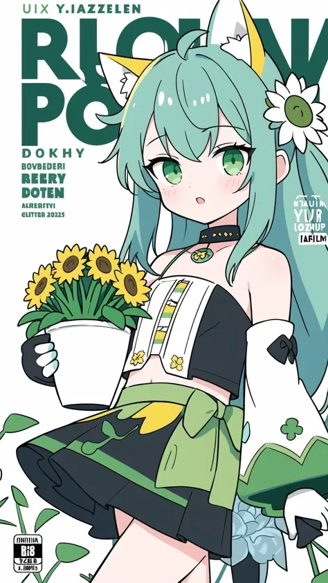 1girl, official, head, green eyes, animal ears, ahoge, long straight hair, ponytail, hair ornament, bare shoulders, black crop top, small breasts, navel, detached sleeves, elbow gloves, fingerless gloves, two tails, skirt bouquet, branch, daisy, dandelion, dress, floral_background, flower, flower_pot, green_flower, head_out_of_frame, holding, holding_bouquet, holding_flower, ivy, leaf, lily_\(flower\), lily_of_the_valley, lily_pad, long white_hair, lotus, morning_glory, palm_leaf, palm_tree, petals, plant, potted_plant, puffy_sleeves, rose, solo, sunflower, tulip, upper_body, vase, vines, white_dress, white_flower, white_rose, yellow_flower, masterpiece, best quality, beautiful detailed hair, beautiful detailed face, beautiful detailed jacket, beautiful detailed background, album cover, beautiful detailed splash, in city, cityscape, 1girl, limited palette, pastel color, many line in hair, shiny skin, sunlight, 2020s, minute details, punk, out doors, looking at viewer, drawing, multicolored back graound, colorful, solo, cowboy shot, jacket, long sleeves, chest, ((((magazin cover)))), long hair, floating hair, bangs, colored inner hair, aqua theme, official art, cuteloli, cozy animation scenes,