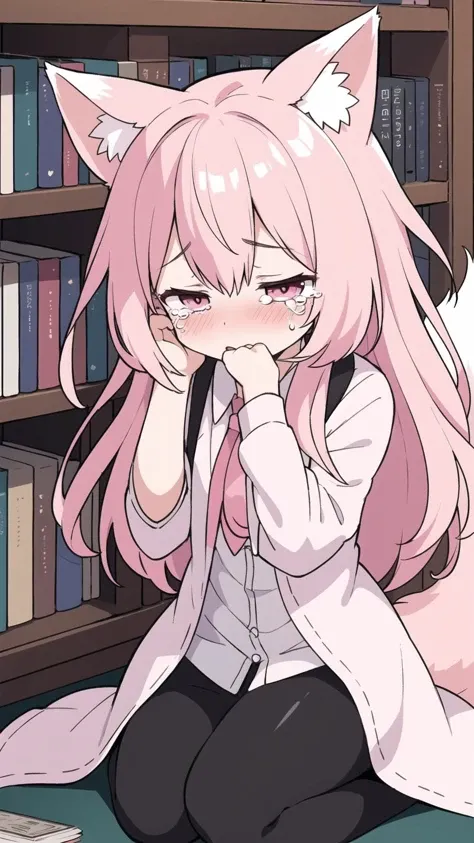 1girl, solo, nervous, pink_hair, mess, (tears), kneel, hands_on_head, books, library, fox_ears, little_chest, blush, perfect, ((shiny_hair)), fox_tail,