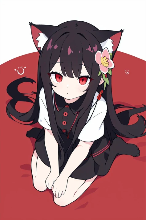 illustration, red eyes, black hair, cat ears, hair flower, lotus, wariza, from above, highres, solo focus, masterpiece, best quality, full body