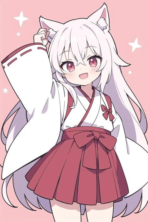 shiina yuika,1girl,virtual youtuber,animal ears,japanese clothes,solo,long hair,animal ear fluff,skirt,miko,hakama,ribbon-trimmed sleeves,ribbon trim,very long hair,bangs,smile,hakama skirt,kimono,wide sleeves,long sleeves,pink background,white kimono,sleeves past wrists,open mouth,arm up,red hakama,hair between eyes,:d,cat ears,blush,white hair,red eyes,two-tone background,pink eyes,pink hair,looking up,