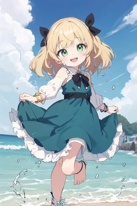 (masterpiece),(highest quality),highres,(an extremely delicate and beautiful),(extremely detailed),Amazing,finely detail,
This is a painting of a young girl having fun at the beach on a sunny day. The girl has blonde hair and green eyes,and she is wearing a blue dress with white flowers and frills. She also has a white flower in her hair,a black ribbon around her neck,and a bracelet on her wrist. She is running on the sand,splashing water with her bare feet,and smiling happily. She is looking at the viewer with an open mouth and showing her teeth. She has a tattoo on her left arm and an anklet on her right ankle. She is holding a starfish in her right hand and waving her left hand in the air., (petite:1.3),(child:1.3),6