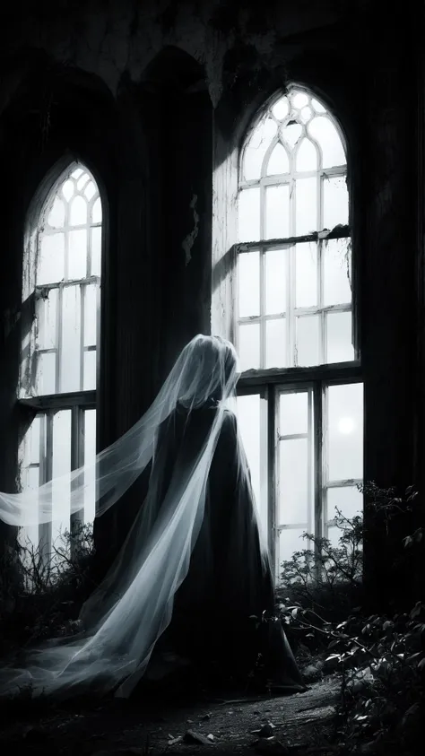 High quality, masterpiece, 1 abandoned asylum, eerie, terror, phantom, spirit, ghostly figure, ghastly, ethereal, white, silver, radiant, moonlit, foggy, spooky, chilling, shadowy, see-through, transparent, supernatural, mysterious whispers, flickering lights,