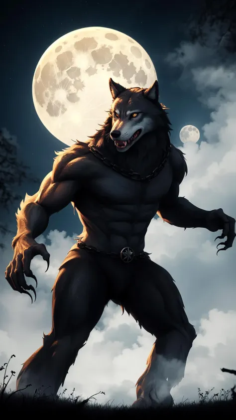 High quality, masterpiece, Werewolf, eerie, full moon, fear, spirit, mythical, foggy moors, terror, apparition, fangs, claws,