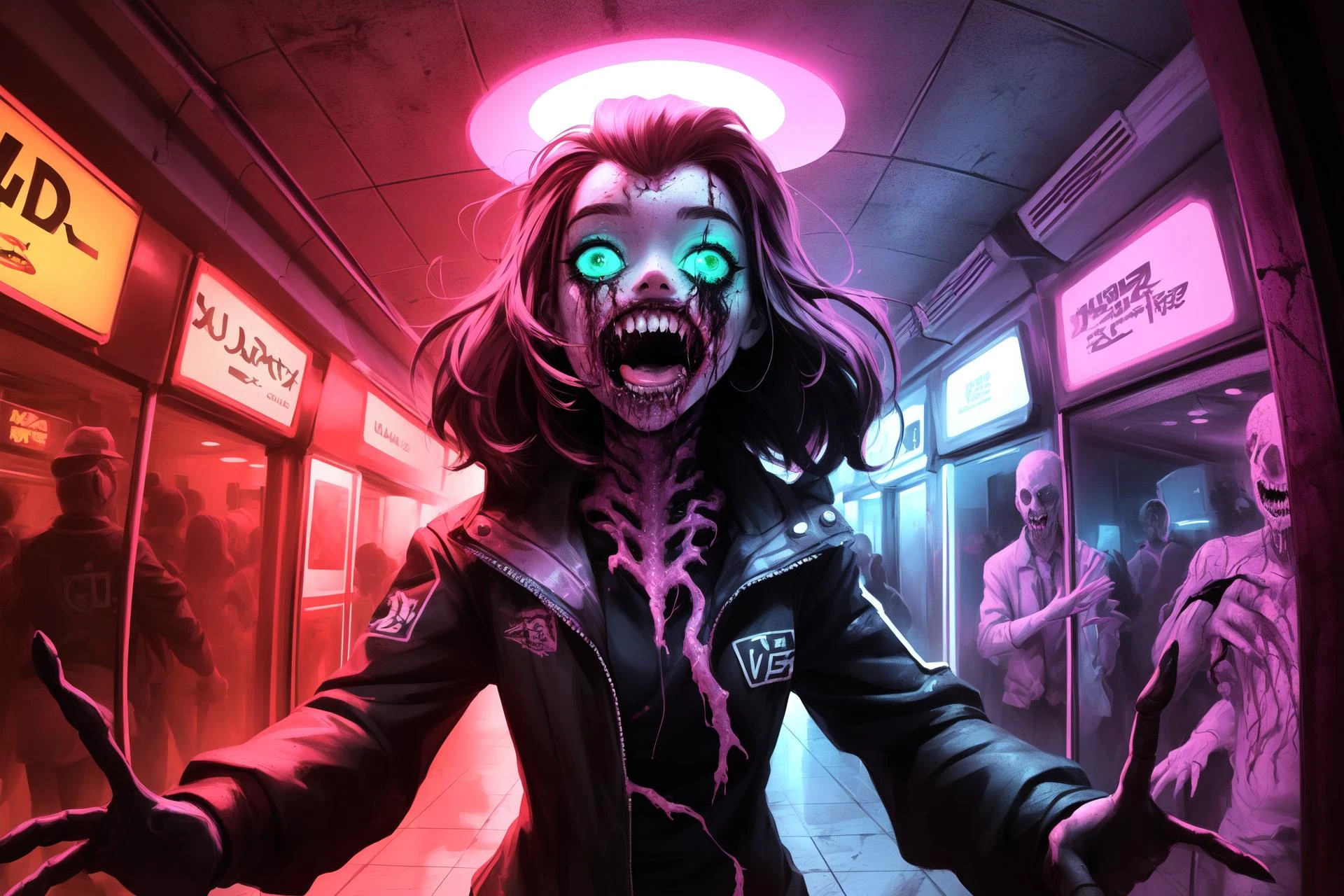 (Dynamic scene:1.3) crazy woman, crazy smile, laughing, (background tiling, tiles), gradient hair, amazing anatomy, detailed face, detailed eyes, the roots are rotten, (fantastic horror:1.3), (perfect art, 64k ultra hd:1.1), (art by dan mumford:1.2), art by apterus, art by lovecraft, best quality, 500px, cgsociety, 8k, (glowing neon:1.2) atmosphere, (glowing veins:1.2), horrific scenery, upper body