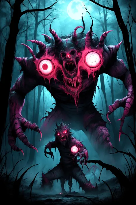 neon colors, (glowing neon atmosphere:1.1), psychedelic glowing, monstrous creatures, nightmarish monsters, grotesque beasts, fiendish fiends, bloodcurdling, malevolent, monsters and creatures, terrifying, chilling, nightmarish, macabre, iconic horror creatures,