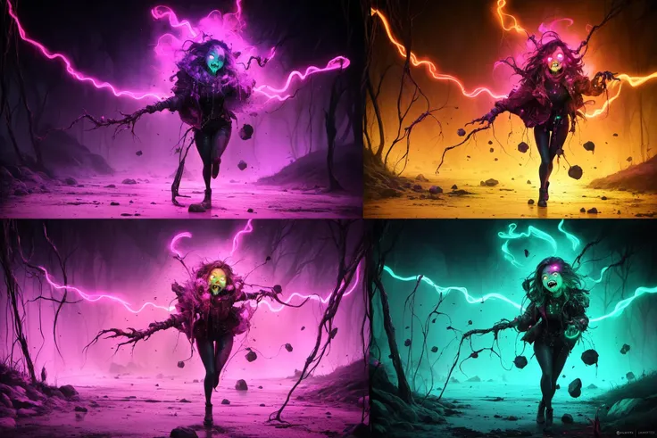 (Dynamic scene:1.3) crazy woman, crazy smile, laughing, zombie chasing, gradient hair, amazing anatomy, detailed face, detailed eyes, green colors, purple colors, pink colors, zombie hoard, the roots are rotten, (fantastic horror:1.3), (perfect art, 64k ultra hd:1.1), (art by dan mumford:1.2), art by apterus, art by lovecraft, best quality, 500px, cgsociety, 8k, green and purple and pink (glowing neon:1.2) atmosphere, (glowing veins:1.2), horrific scenery, full body,