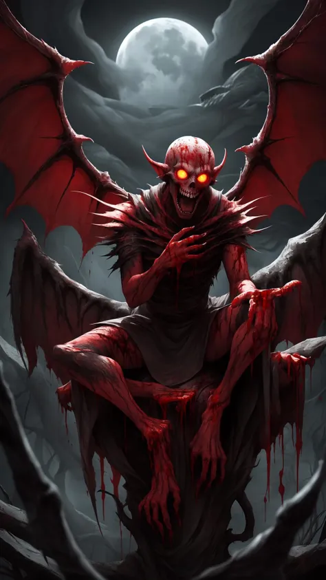 High quality, masterpiece, terrifying, horror, specter, goblins, wings, perched, pallid skin, ethereal, crimson eyes, glowing, night, blood