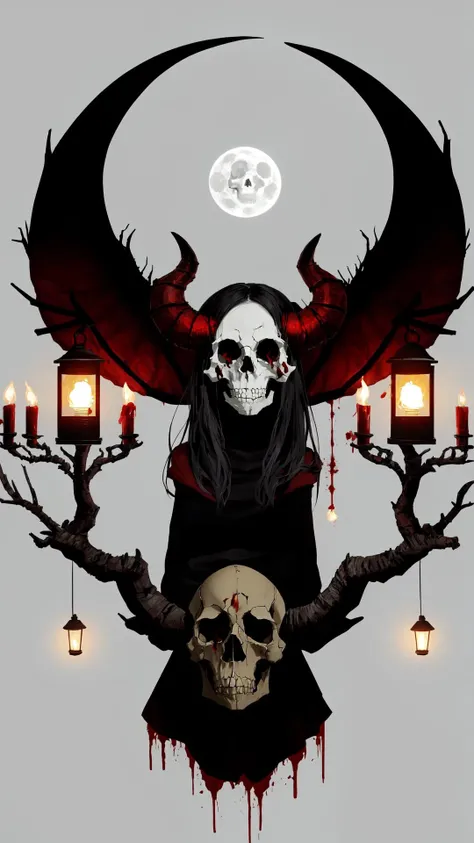 high quality, masterpiece, Devil, horns, antichrist symbol, lantern, blood, ritual, malevolent creatures, skulls, dark forest, moonlight,