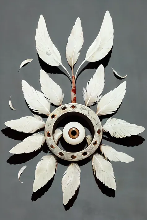 flat paper, material style, (simple background:1.6), circle, multiple circles, symmetry, rotational symmetry, white feathers, extra wings, (bibliangels:1.3) creature, no humans, extra eyes, glowing, bloodcurdling, malevolent, terrifying, chilling, nightmarish, macabre, <lora:biblically_accurate_angel:1>
