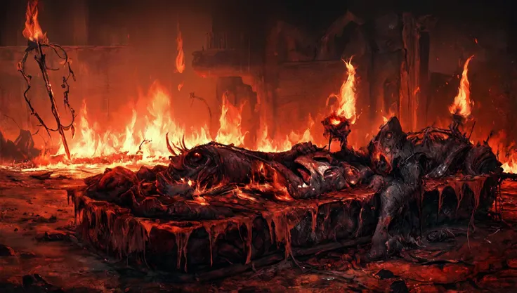 barren landscape, Satan, fire, (style of H.P. Lovecraft:1.2), (abstract:1.3), (grungy:1.2), (torture:1.3), disfigured, ((stab:1.1) spear), four (burnt corpse:1.2), rotting, dark and dingy lighting,