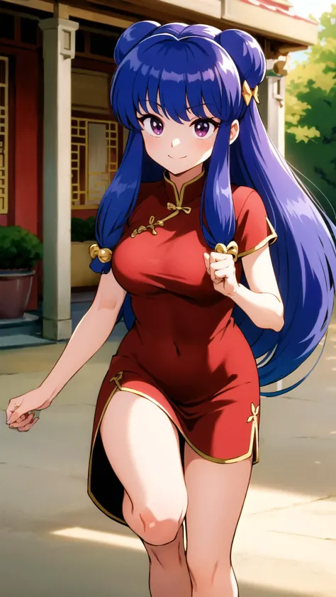 masterpiece, best quality, highres, BREAK
,forced smile,, , low-key lighting shot, running,, ,BREAK,  <lyco:ShanpuuRanmaV3:0.6>, shanpuuranma,
china_dress_red_SMP,china dress,red dress