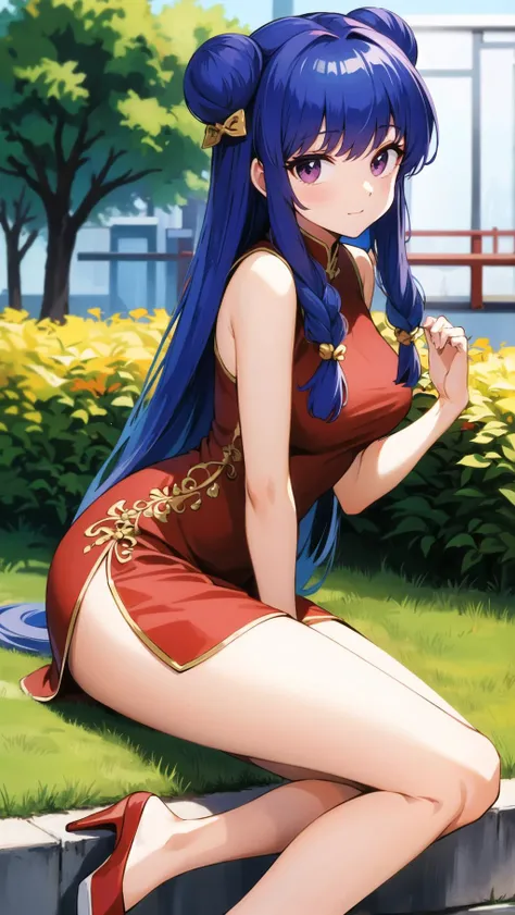 masterpiece, best quality, highres, BREAK
,doyagao,, , from side, ,(looking at viewer:1.1), knees,BREAK, <lyco:ShanpuuRanmaV3:0.6>, shanpuuranma,
china_dress_red_SMP,china dress,red dress