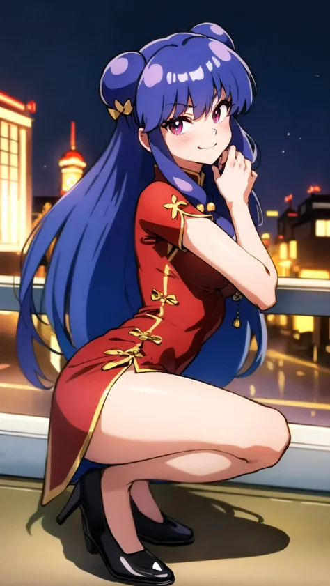 Ivy from fire_emblem in a very_shiny_cheongsam, chinese_dress, shiny_smooth_fabric, shiny_clothing, shiny_material, shiny_long_hair, sexy_pose, hands_on_hips, evil_smile, villain, short_dress, very tight_dress, bare_shoulders, sleeveless, beautiful, 1 woman, solo, high resolution, 8k