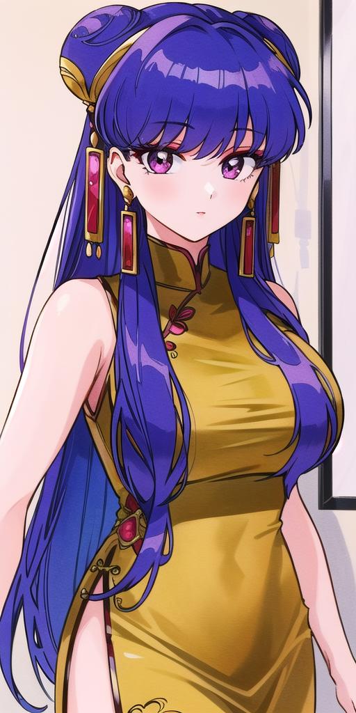 A woman with long blue hair wearing a gold dress and earrings - SeaArt AI