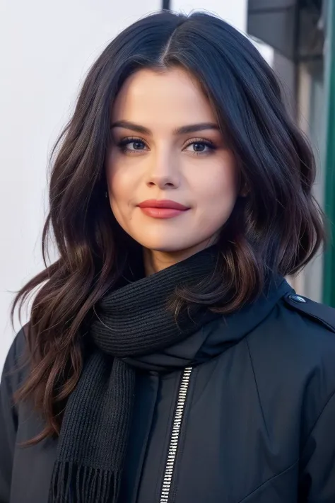 selena1,1girl, solo, (realistic),(hyperrealism),(best quality),(masterpiece),(ultra high res),(photorealistic),(film grain),(upper body), eye makeup,detailed eyes,detailed face, black jacket,scarf, posing for a photo, outside winter <lora:selenaX:1>