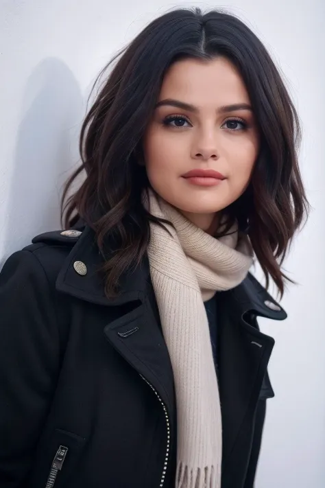 selena1,1girl, solo, (realistic),(hyperrealism),(best quality),(masterpiece),(ultra high res),(photorealistic),(film grain),(upper body), eye makeup,detailed eyes,detailed face, black jacket,scarf, posing for a photo, outside winter <lora:selenaX:1>