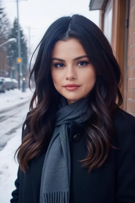 selena1,1girl, solo, (realistic),(hyperrealism),(best quality),(masterpiece),(ultra high res),(photorealistic),(film grain),(upper body), eye makeup,detailed eyes,detailed face,long, black jacket,scarf, posing for a photo, outside winter <lora:selenaX:1>