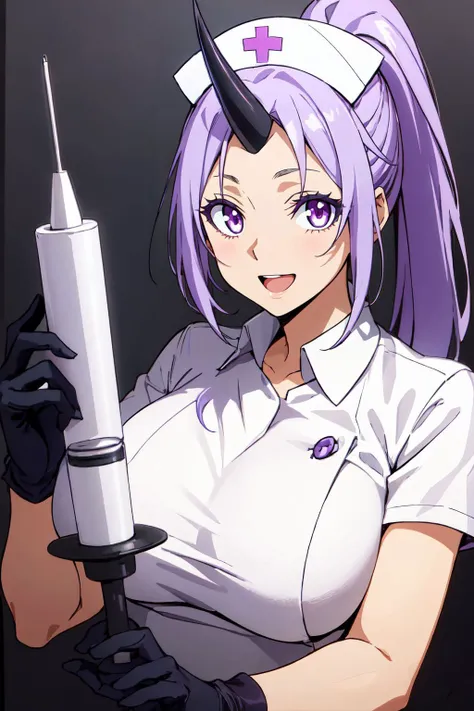 (looking_at_viewer:1.1),solo,Smile,(large breasts:1.1),
<lora:Shion_Slime-KK77-V2:0.5>,
shion,Purple_eyes,Purple_Hair,long hair,hair intakes,(high_ponytail),(Black_single_horn:1.1),
nurse cap,gloves,
open mouth,syringe,holding,upper body,