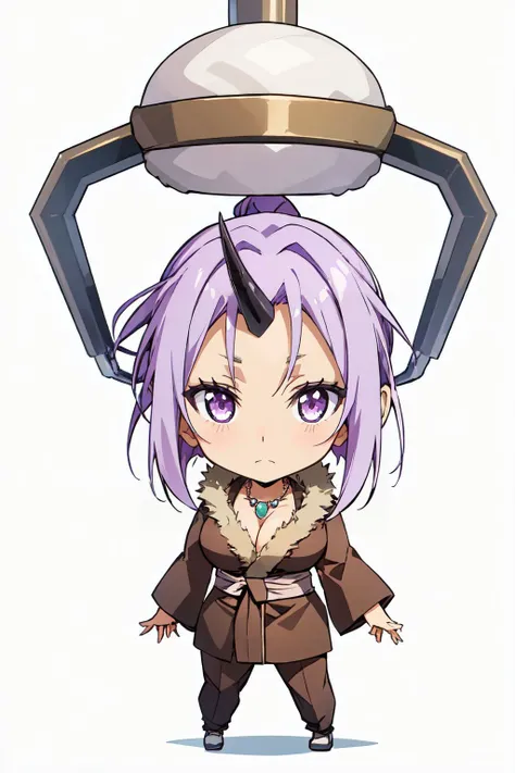 (The claw of a claw machine:1.2),
(CHIBI:1.3),simple_background,
<lora:Shion_Slime-KK77-V2:0.5>,
shion,Purple_eyes,Purple_Hair,long hair,hair intakes,(high_ponytail),(Black_single_horn:1.3),(large breasts:1.1),
collarbone,japanese clothes,kimono,fur coat,fur collar,Brown_jacket,Deep_cleavage,long_sleeves,(Brown_Pants),necklace,jewelry,gem,