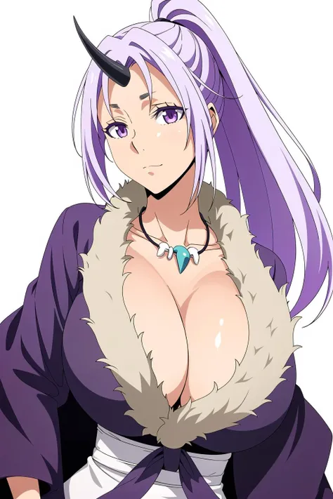 Simple White Background,
Deep_cleavage, collarbone,
japanese clothes, kimono,
Brown_Pants,Brown_jacket,long_sleeves,
fur coat, fur collar,
<lora:Shion_Slime-KK77-V2:0.7>,(Black_single_horn:1.1),necklace, jewelry,gem,
Purple_Hair,Purple_eyes, Bangs,high_ponytail,
<lora:Oda_Non_Style-KK77-V2:0.3>,<lora:more_details:0.1>,
1 girl, 20yo,Young female,Beautiful Finger,Beautiful long legs,Beautiful body,
Beautiful Nose,Beautiful character design, perfect eyes, perfect face,expressive eyes,perfect balance,
looking at viewer,(Focus on her face),closed mouth, (innocent_big_eyes:1.0),(Light_Smile:0.3),
official art,extremely detailed CG unity 8k wallpaper, perfect lighting,Colorful, Bright_Front_face_Lighting,White skin,
(masterpiece:1.0),(best_quality:1.0), ultra high res,4K,ultra-detailed,
photography, 8K, HDR, highres, absurdres:1.2, Kodak portra 400, film grain, blurry background, bokeh:1.2, lens flare, (vibrant_color:1.2),professional photograph,
(Beautiful,large_Breasts:1.4), (beautiful_face:1.5),(narrow_waist),
