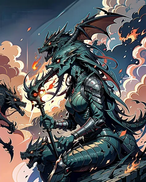 ((masterpiece), best quality, high quality, professional quality, highly detailed, highres, perfect lighting, natural lighting), black dragon, (1girl, wearing armor, sitting on dragon, dragon rider, holding weapon), flying, flames, magic, clouds, sun in background