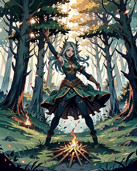 ((masterpiece), best quality, high quality, professional quality, highly detailed, highres, perfect lighting, natural lighting), group of elves, dancing, bonfire, in forest, surrounded by large trees