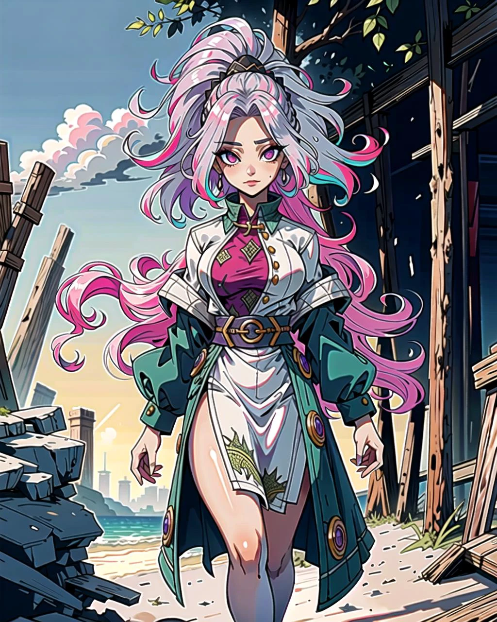 ((masterpiece), best quality, high quality, professional quality, highly detailed, highres, perfect lighting, natural lighting), (1girl, beautiful, medium breasts, (multicolored hair, pink hair,silver hair,purple hair, long hair, high ponytail), perfecteyes eyes), (wearing crocodile texture print, extremelyBeautiful_beautifulclotheswild/Extremely beautiful clothes), on the beach, walking the boardwalk, <lyco:locon_perfecteyes_v1_from_v1_64_32:0.6>
