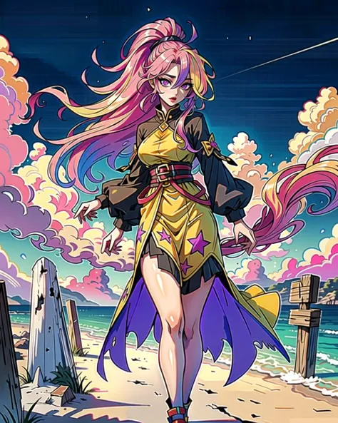 ((masterpiece), best quality, high quality, professional quality, highly detailed, highres, perfect lighting, natural lighting), (1girl, beautiful, medium breasts, (multicolored hair, pink hair,blonde hair,purple hair, long hair, high ponytail), perfecteyes eyes), (wearing star print, extremelyBeautiful_beautifulclotheswild/Extremely beautiful clothes), on the beach, walking the boardwalk, <lyco:locon_perfecteyes_v1_from_v1_64_32:0.6>