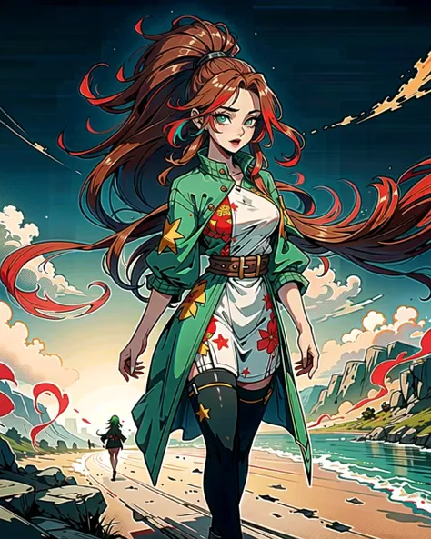 ((masterpiece), best quality, high quality, professional quality, highly detailed, highres, perfect lighting, natural lighting), (1girl, beautiful, medium breasts, (multicolored hair, green hair,red hair,brown hair, long hair, high ponytail), perfecteyes eyes), (wearing star print, extremelyBeautiful_beautifulclotheswild/Extremely beautiful clothes), on the beach, walking the boardwalk, <lyco:locon_perfecteyes_v1_from_v1_64_32:0.6>