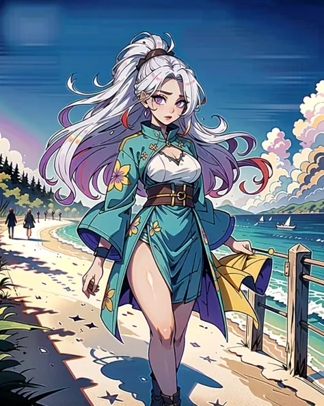 ((masterpiece), best quality, high quality, professional quality, highly detailed, highres, perfect lighting, natural lighting), (1girl, beautiful, medium breasts, (multicolored hair, brown hair,purple hair,white hair, long hair, high ponytail), perfecteyes eyes), (wearing pastel print, extremelyBeautiful_beautifulclotheswild/Extremely beautiful clothes), on the beach, walking the boardwalk, <lyco:locon_perfecteyes_v1_from_v1_64_32:0.6>