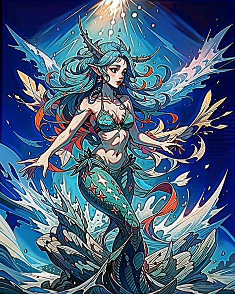 ((masterpiece), best quality, high quality, professional quality, highly detailed, highres, perfect lighting, natural lighting), mermaid, blue fins, wearing starfish bikini top, swimming under the waves