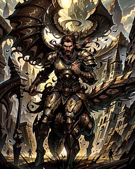 ((masterpiece), best quality, high quality, professional quality, highly detailed, highres, perfect lighting, natural lighting), (1boy, slender, handsome, mustache, long hair, brown hair), wearing armor, riding a dragon, on a battlefield