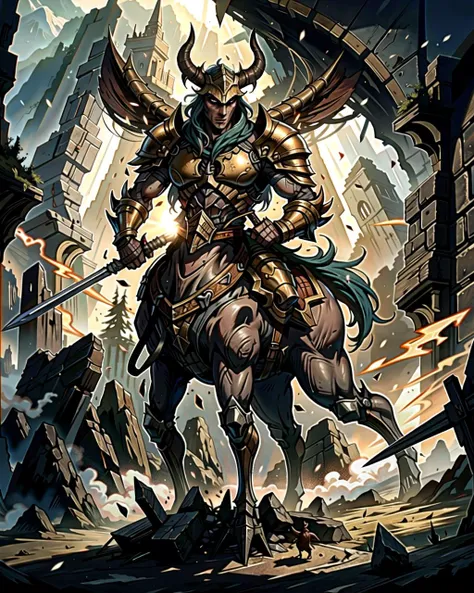 ((masterpiece), best quality, high quality, professional quality, highly detailed, highres, perfect lighting, natural lighting), knight, wearing armor, holding weapon, horseback, stallion, battle against minotaur