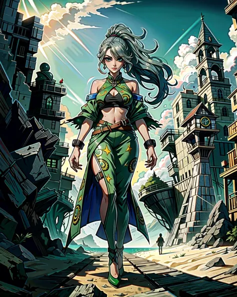 ((masterpiece), best quality, high quality, professional quality, highly detailed, highres, perfect lighting, natural lighting), (1girl, beautiful, medium breasts, (multicolored hair, green hair,silver hair,black hair, long hair, high ponytail), perfecteyes eyes), (wearing fur texture print, extremelyBeautiful_beautifulclotheswild/Extremely beautiful clothes), on the beach, walking the boardwalk, <lyco:locon_perfecteyes_v1_from_v1_64_32:0.6>