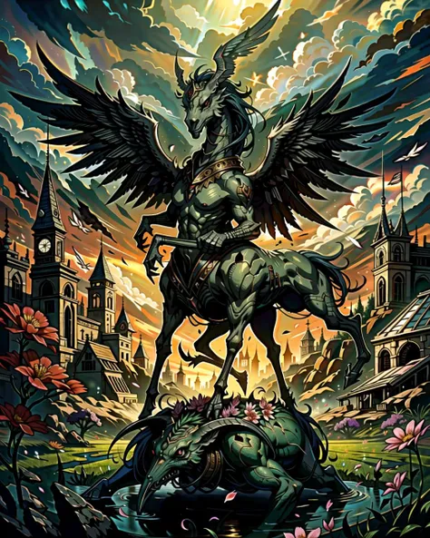 ((masterpiece), best quality, high quality, professional quality, highly detailed, highres, perfect lighting, natural lighting), pegasus, rearing back, field of flowers