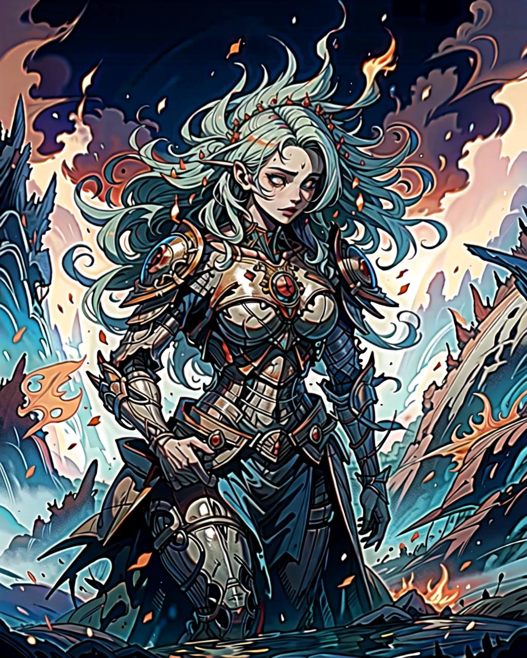 ((masterpiece), best quality, high quality, professional quality, highly detailed, highres, perfect lighting, natural lighting), young wizard, wearing battle armor, casting a fire spell, in front of waterfall