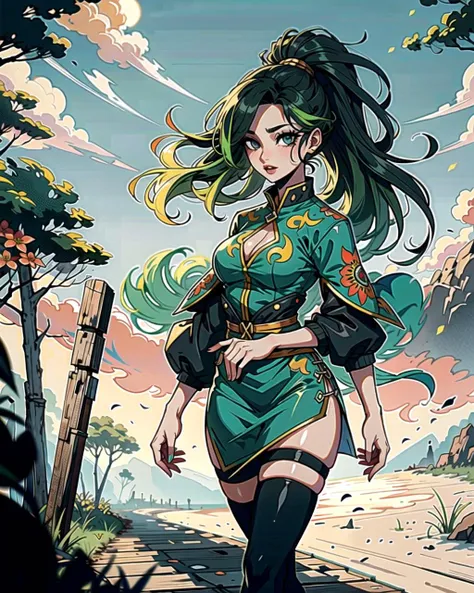 ((masterpiece), best quality, high quality, professional quality, highly detailed, highres, perfect lighting, natural lighting), (1girl, beautiful, medium breasts, (multicolored hair, green hair,black hair,blonde hair, long hair, high ponytail), perfecteyes eyes), (wearing tiger print, extremelyBeautiful_beautifulclotheswild/Extremely beautiful clothes), on the beach, walking the boardwalk, <lyco:locon_perfecteyes_v1_from_v1_64_32:0.6>
