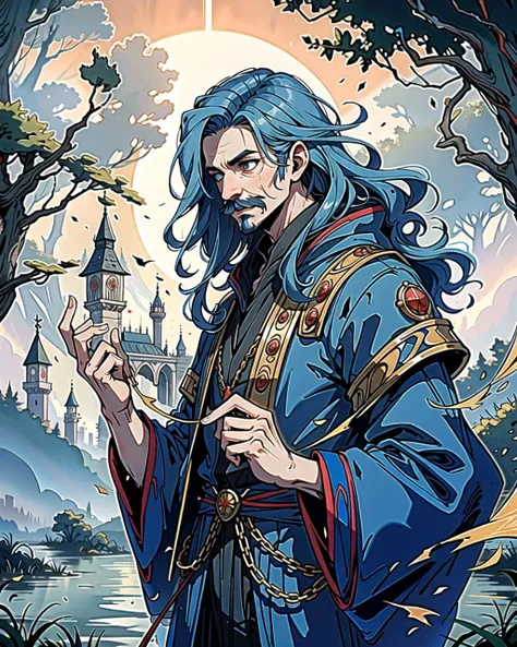 ((masterpiece), best quality, high quality, professional quality, highly detailed, highres, perfect lighting, natural lighting), (1boy, slender, handsome, mustache, medium length hair, blue hair), wearing wizard robes, casting a spell, by a lake