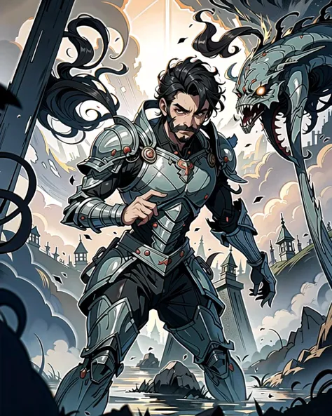 ((masterpiece), best quality, high quality, professional quality, highly detailed, highres, perfect lighting, natural lighting), (1boy, slender, handsome, mustache, short hair, black hair), wearing armor, fighting, outdoors