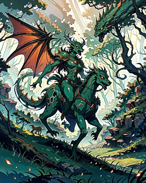 ((masterpiece), best quality, high quality, professional quality, highly detailed, highres, perfect lighting, natural lighting), yellow dragon, soaring over forest, lush green trees
