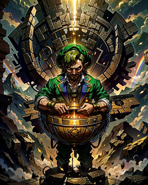 ((masterpiece), best quality, high quality, professional quality, highly detailed, highres, perfect lighting, natural lighting), leprechaun, hopping, on rainbow, holding pot of gold