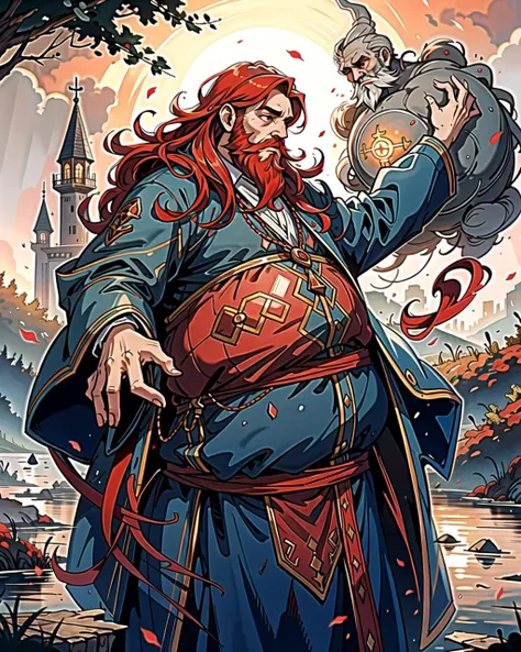 ((masterpiece), best quality, high quality, professional quality, highly detailed, highres, perfect lighting, natural lighting), (1boy, overweight, handsome, long beard, medium length hair, red hair), wearing wizard robes, casting a spell, by a lake
