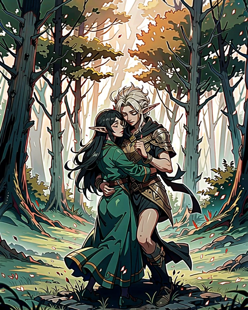 ((masterpiece), best quality, high quality, professional quality, highly detailed, highres, perfect lighting, natural lighting), group of elves, dancing, bonfire, in forest, surrounded by large trees