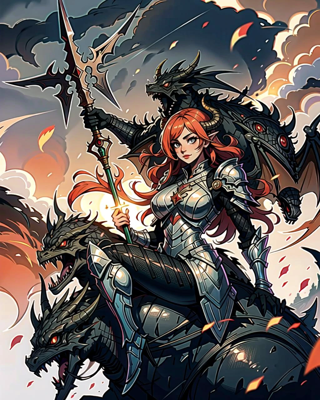 ((masterpiece), best quality, high quality, professional quality, highly detailed, highres, perfect lighting, natural lighting), black dragon, (1girl, wearing armor, sitting on dragon, dragon rider, holding weapon), flying, flames, magic, clouds, sun in background
