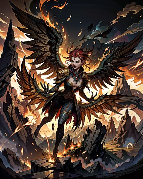 ((masterpiece), best quality, high quality, professional quality, highly detailed, highres, perfect lighting, natural lighting), phoenix, bursting into flames, taking flight from cliffside