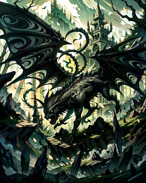 ((masterpiece), best quality, high quality, professional quality, highly detailed, highres, perfect lighting, natural lighting), black dragon, soaring over forest, lush green trees