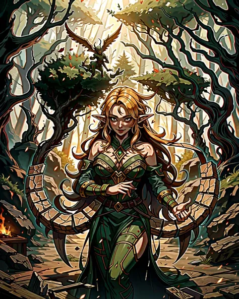 ((masterpiece), best quality, high quality, professional quality, highly detailed, highres, perfect lighting, natural lighting), group of elves, dancing, bonfire, in forest, surrounded by large trees