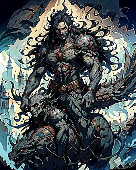 ((masterpiece), best quality, high quality, professional quality, highly detailed, highres, perfect lighting, natural lighting), (1boy, muscular, handsome, mustache, long hair, black hair), wearing fantasy clothing, riding a dragon, in a castle